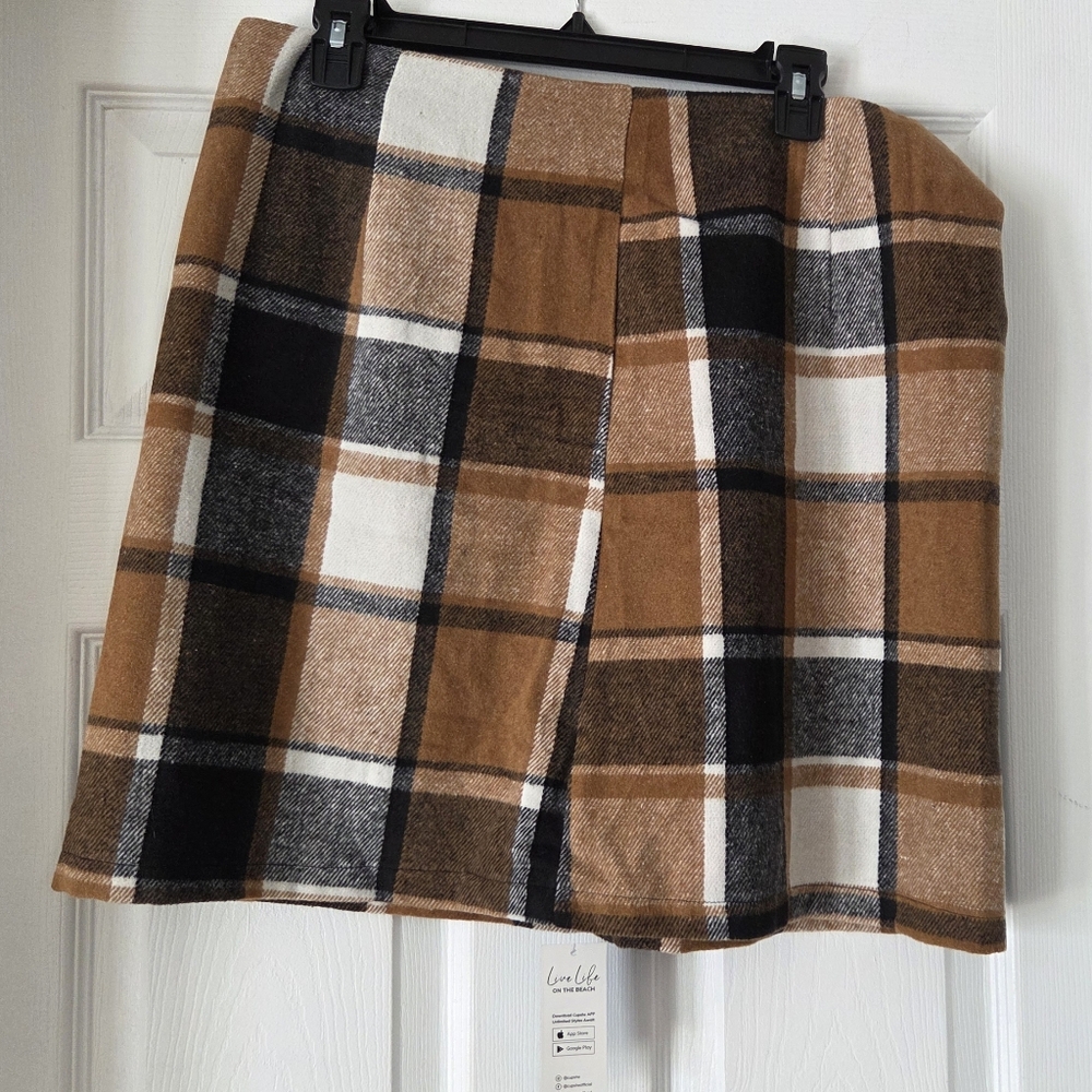 Tan and Black Flannel Plaid Mini Skirt
